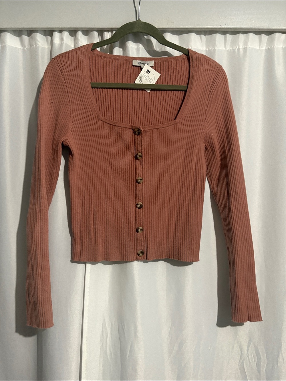 Faux Button-Front Ribbed Long-Sleeve Top in Dusty Rose